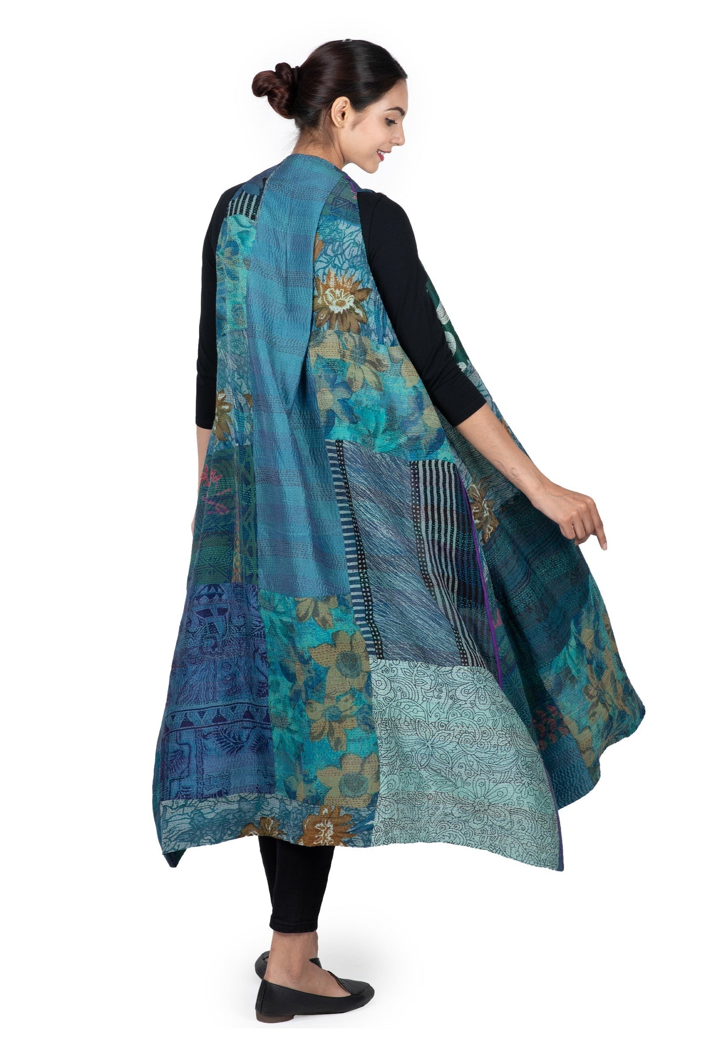 GEORGETTE VINTAGE SILK PATCH KANTHA BACK PLEATED VEST MAXI - gs2222-tel -