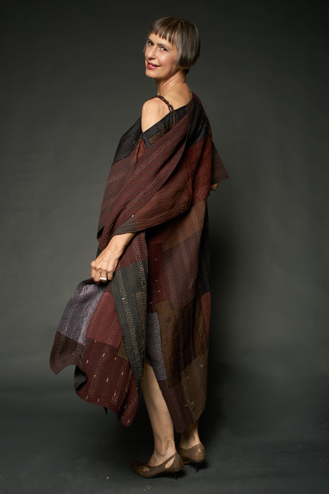 HALF SILK PATCH KANTHA SCARF STANDARD - hs2801-brn -