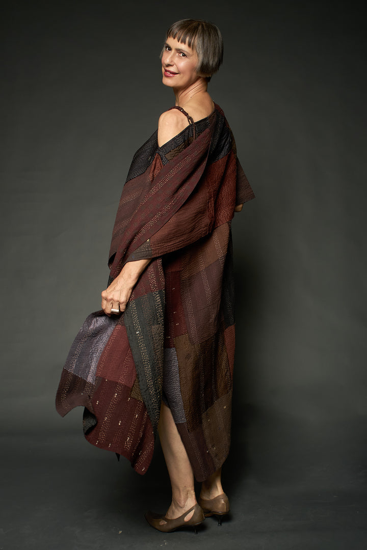 HALF SILK PATCH KANTHA SCARF STANDARD - hs2801-brn -