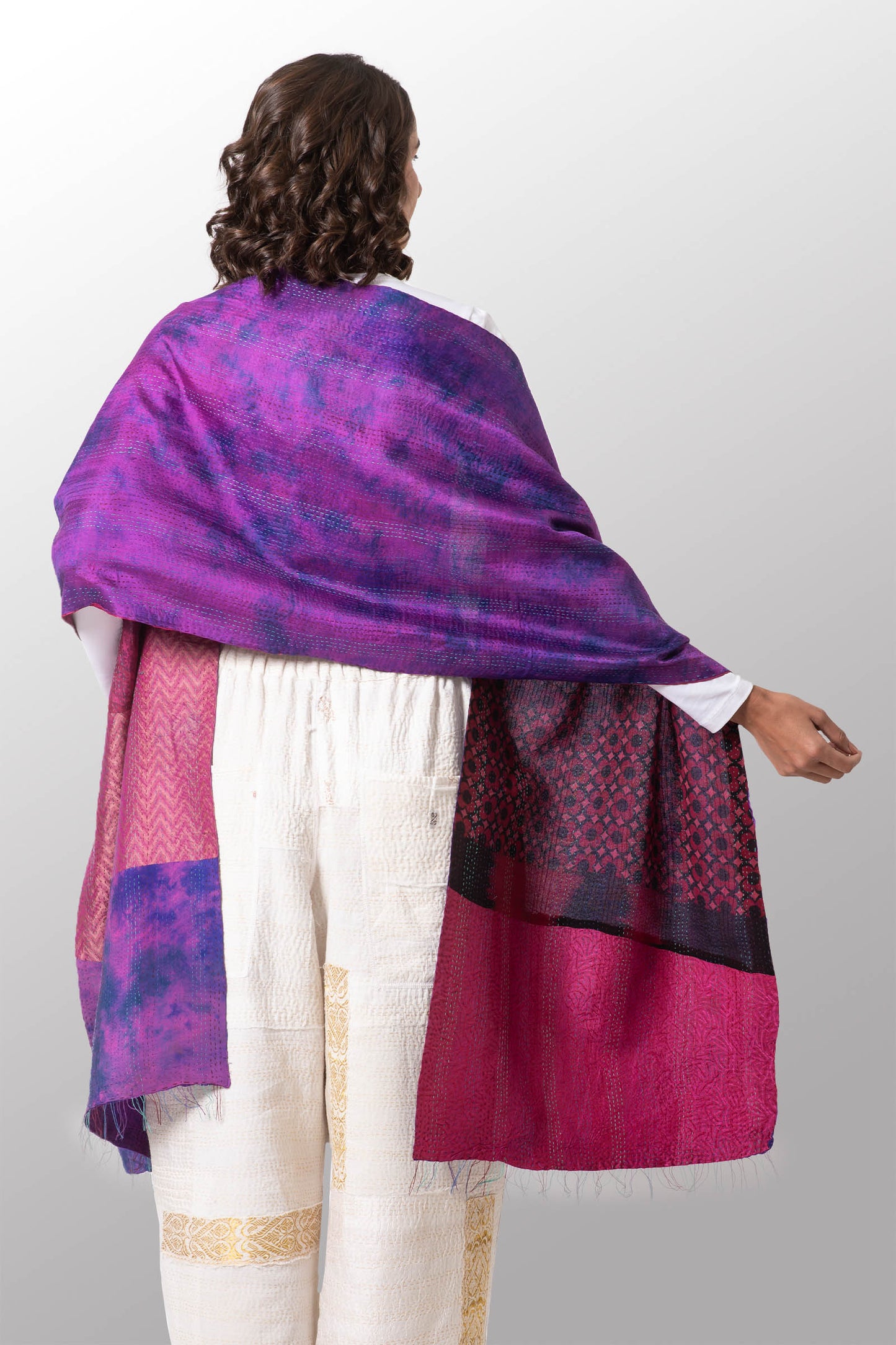 GEORGETTE JACQUARD VINTAGE SILK PATCH KANTHA SCARF STANDARD - gj2801-pik -