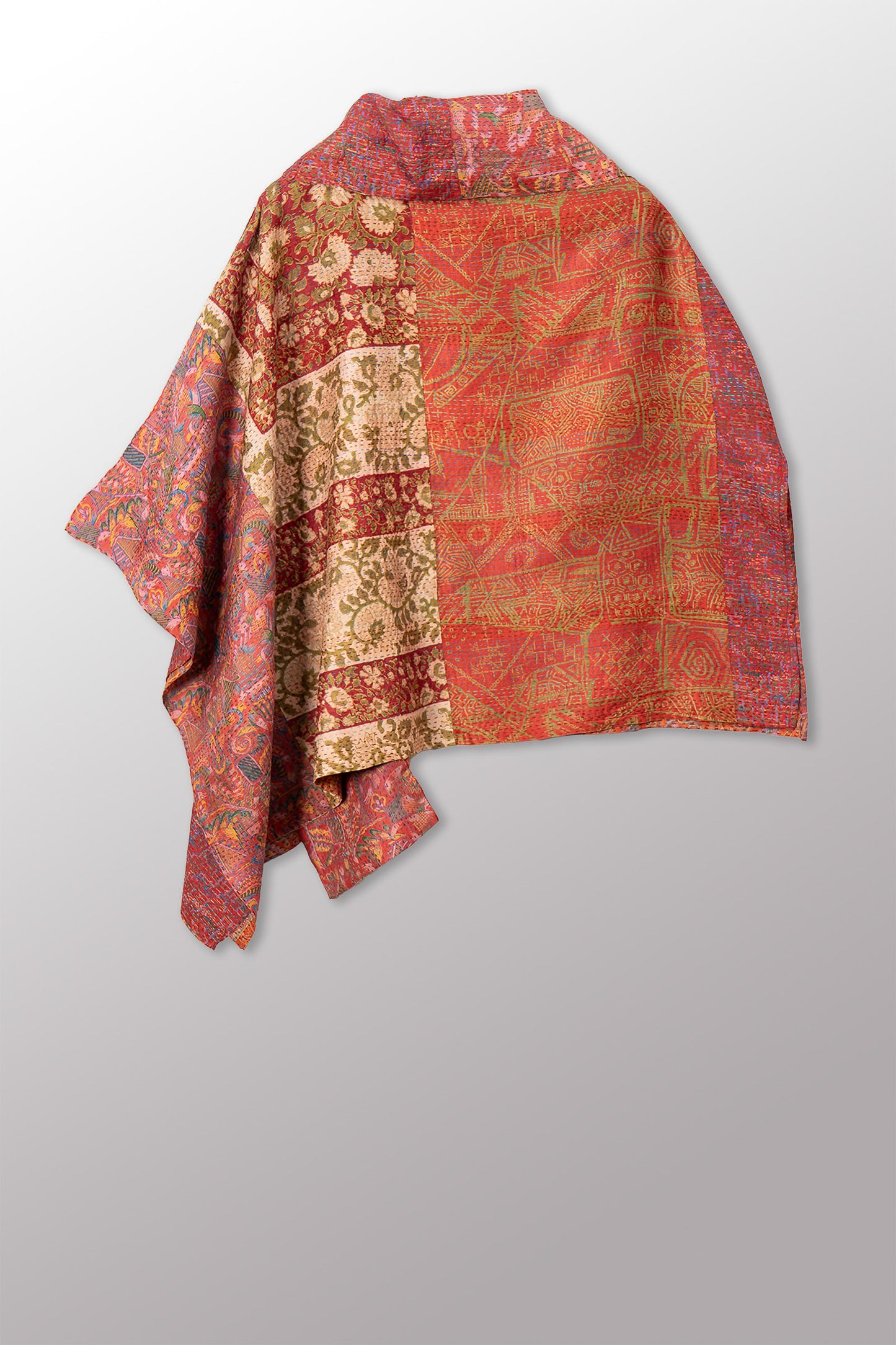 VINTAGE SILK KANTHA COWL NECK LONG CAPE - sv2842-0006a -