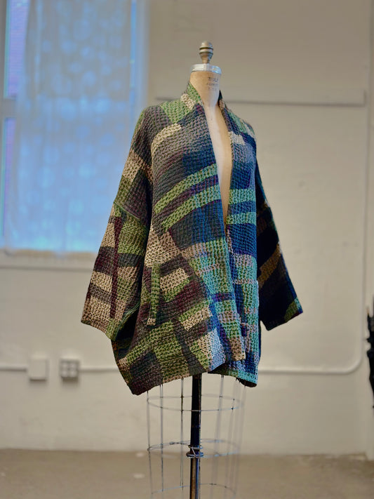 ABSTRACT WAFFLE KANTHA KIMONO WRAP SHORT - bw3358-grn -