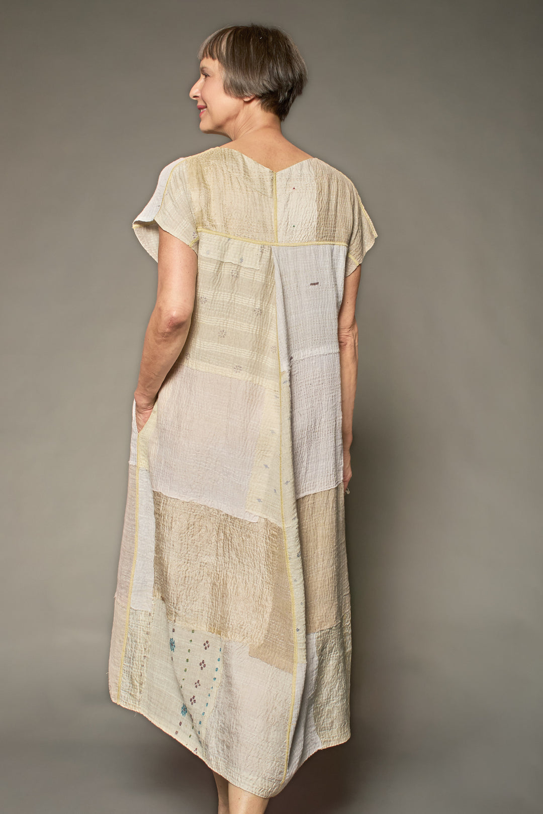 MOSAIC FRAY PATCH KANTHA V-NECK FRENCH SLV. DRESS - zb2467-ivy -