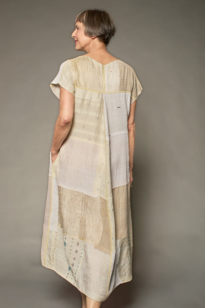 MOSAIC FRAY PATCH KANTHA V-NECK FRENCH SLV. DRESS - zb2467-ivy -