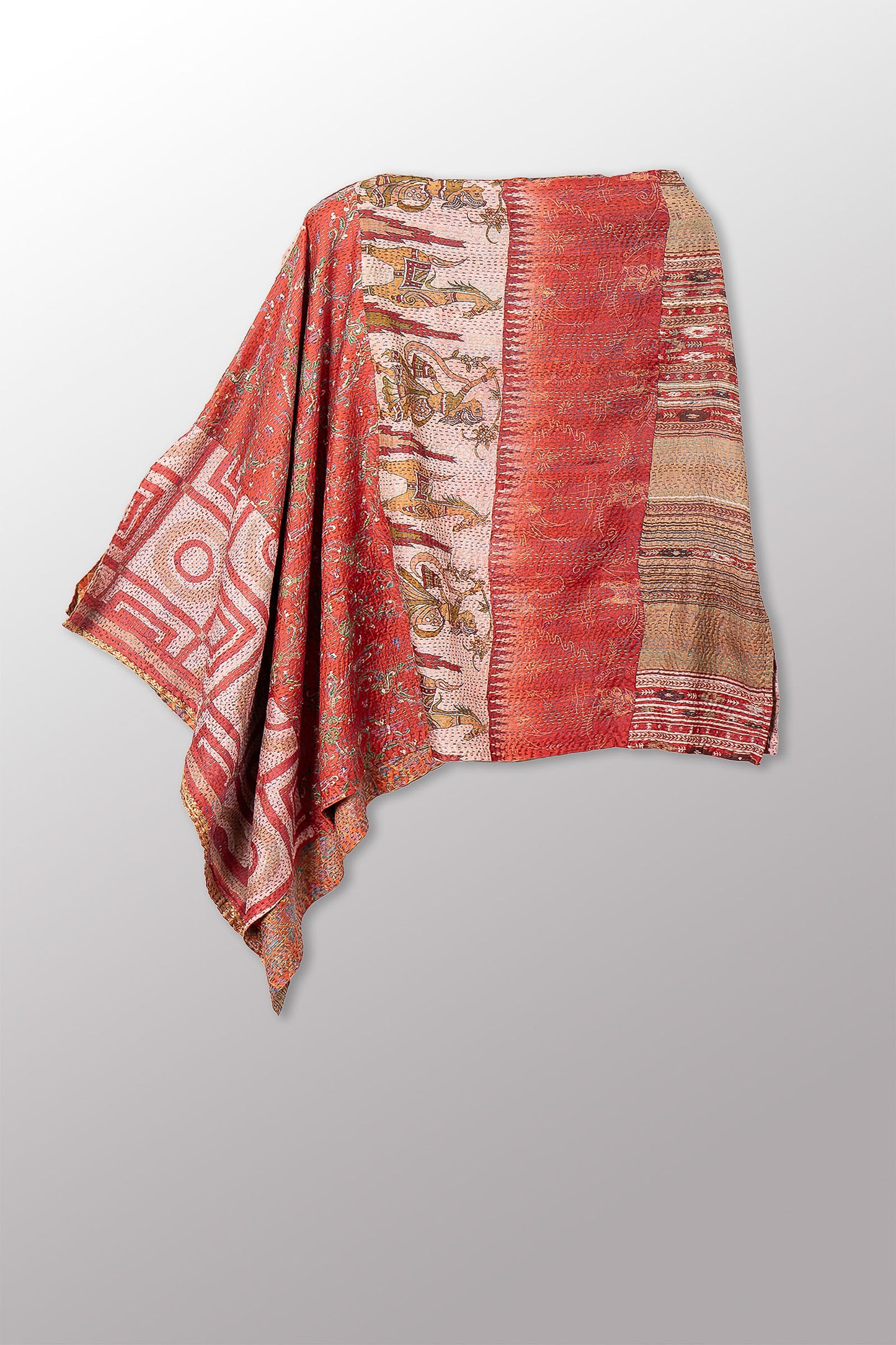 VINTAGE SILK KANTHA LONG CAPE - sv2841-0014a -