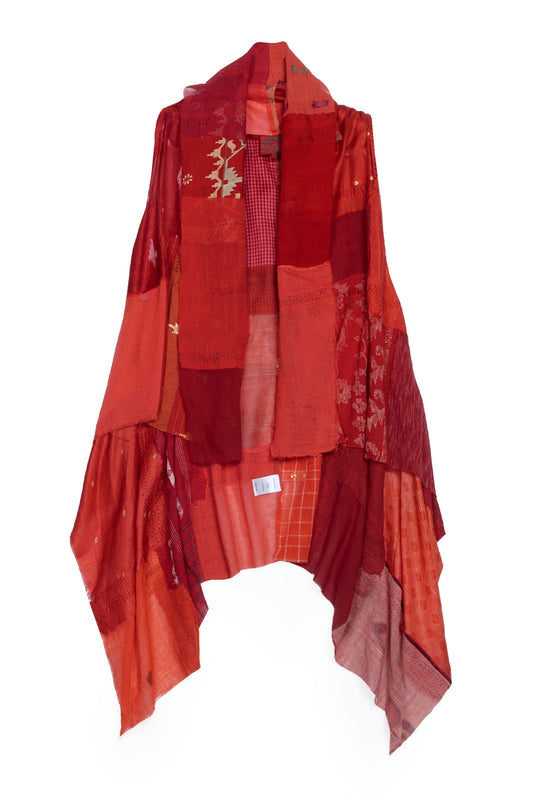 MOSAIC TILE PATCH KANTHA SHAWL VEST - mt1219-red -