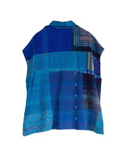 GEORGETTE VINTAGE SILK PATCH KANTHA CAP SLV. SHIRT - gs2530-blu -