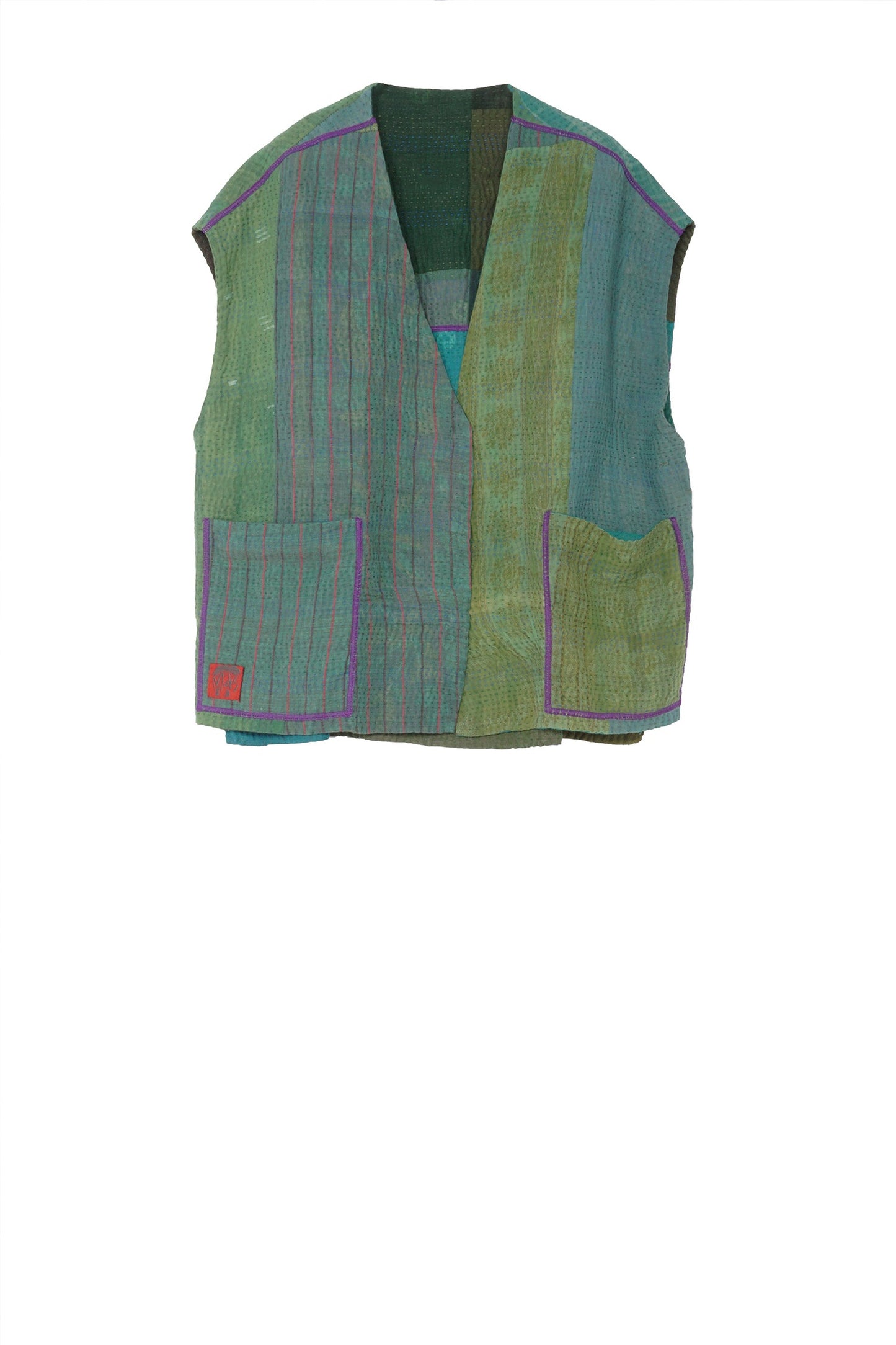OMBRE PATCHED KANTHA V-NECK BOXY VEST - op4224-grn -