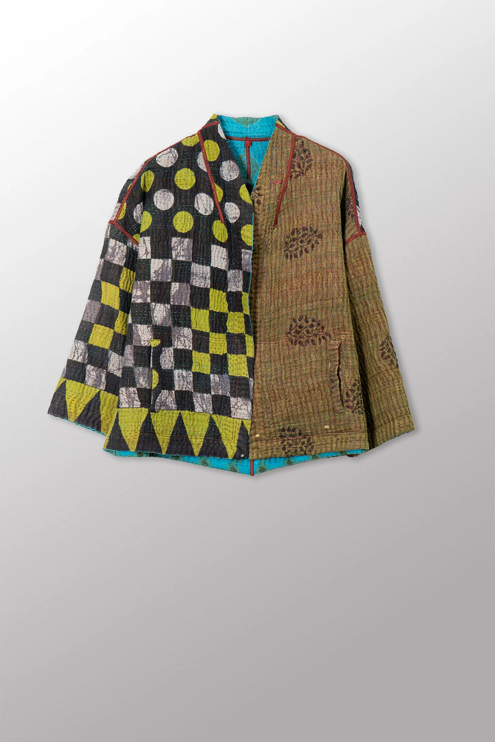 VESTE COURTE À COL MONTANT EN COTON KANTHA VINTAGE - cv4034-0163a -
