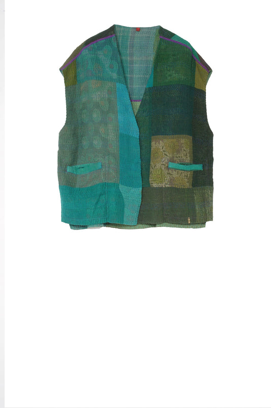 OMBRE PATCHED KANTHA V-NECK BOXY VEST - op4224-grn -