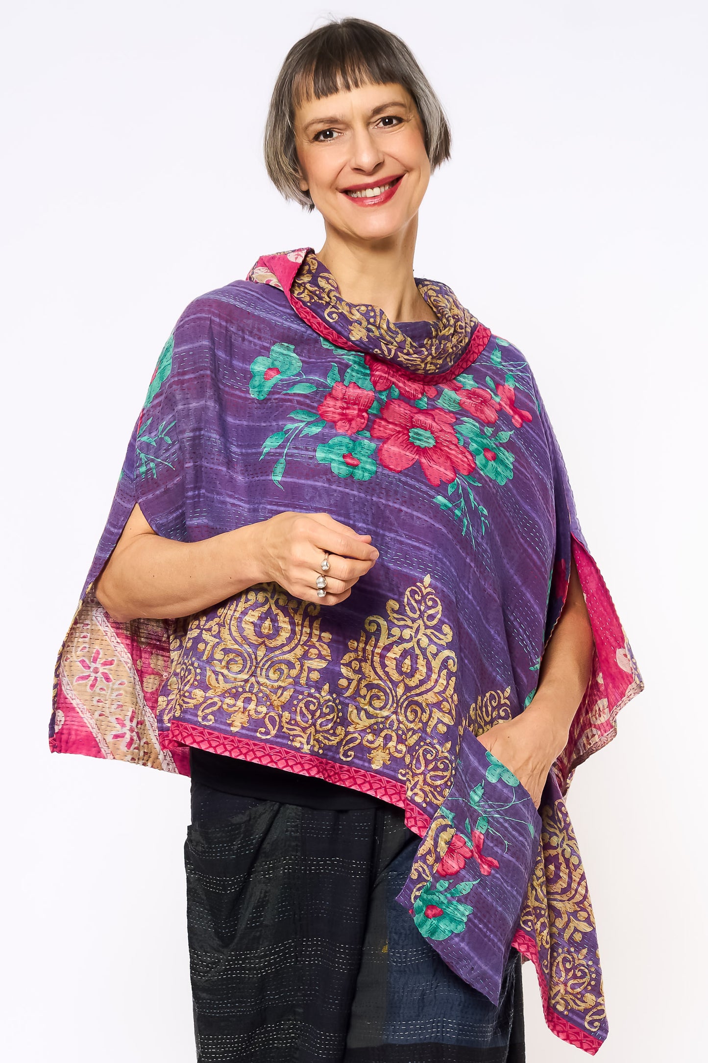 VINTAGE COTTON KANTHA COWL NECK LONG CAPE - cv2842-0004a -