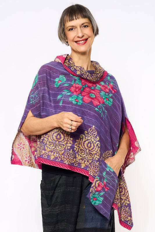 VINTAGE COTTON KANTHA COWL NECK LONG CAPE - cv2842-0004a -