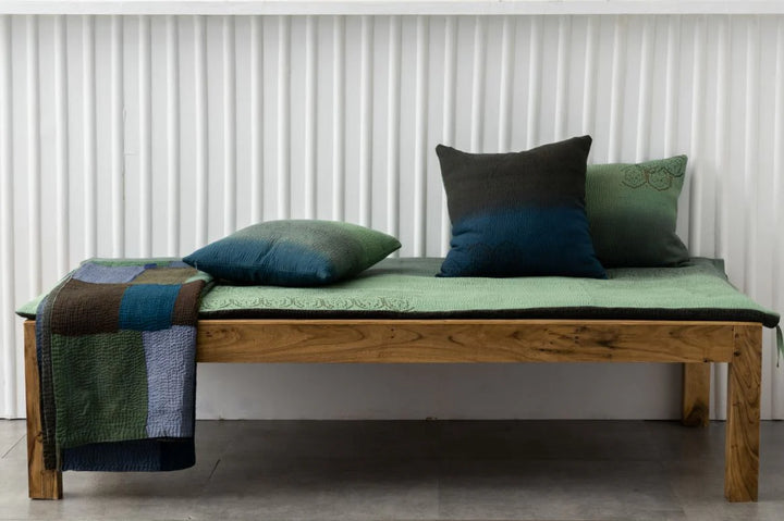 Vintage Fray Patch &amp; Ombre Kantha Day Bed Mattress Cover - Avocado