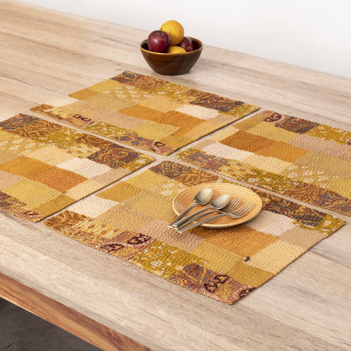Printed Fray Patch  Kantha Placemats - Golden (Set of 2)