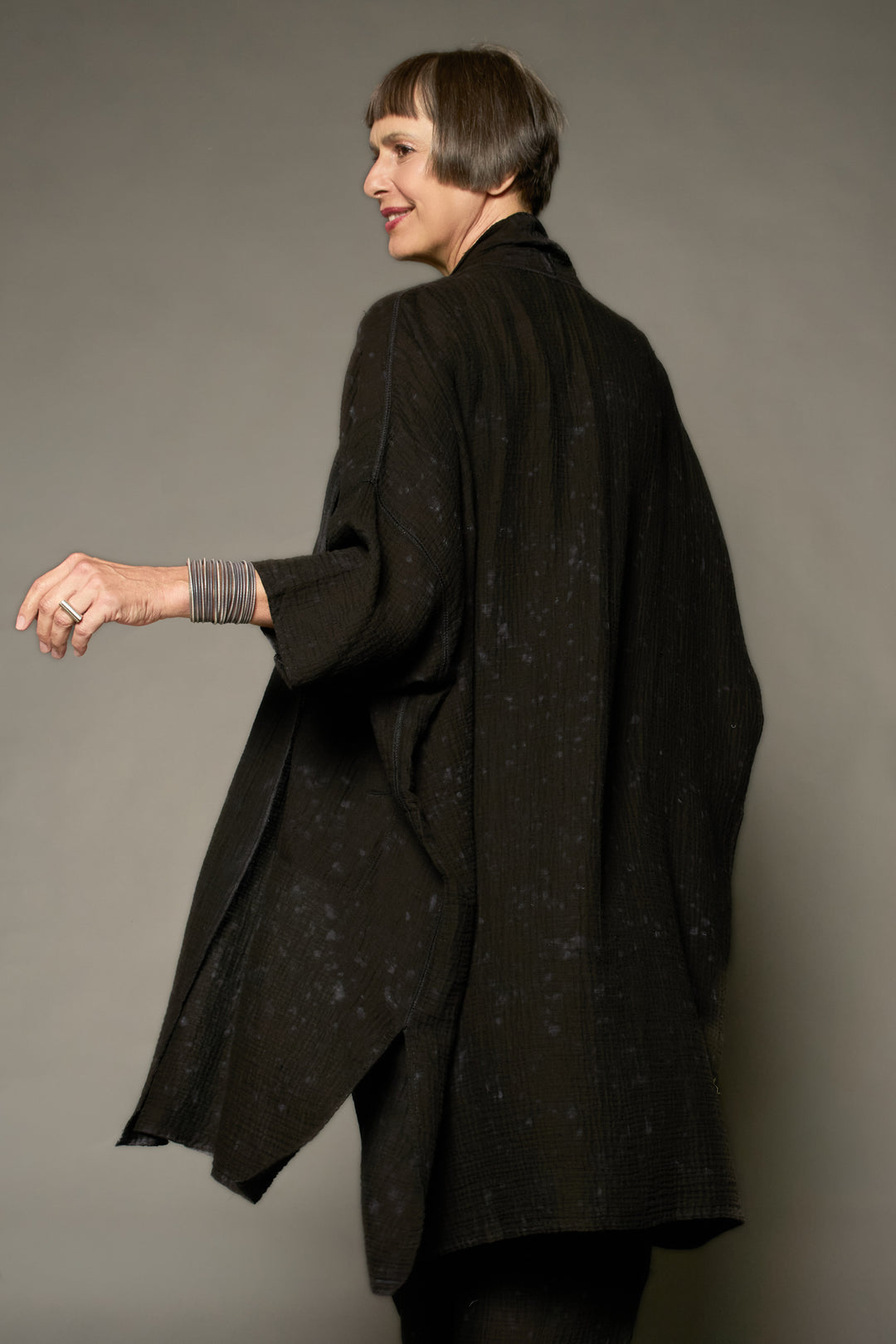 SAND SUN DYE RIPPLE KANTHA KIMONO WRAP LONG COAT - rs2357-blk -