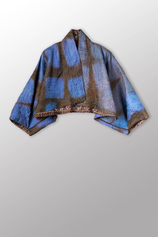 VINTAGE JACQUARD CLAMP DYE WITH PRINTED SILK KANTHA PUFF SLV. SHRUG - jk4062-0002a -