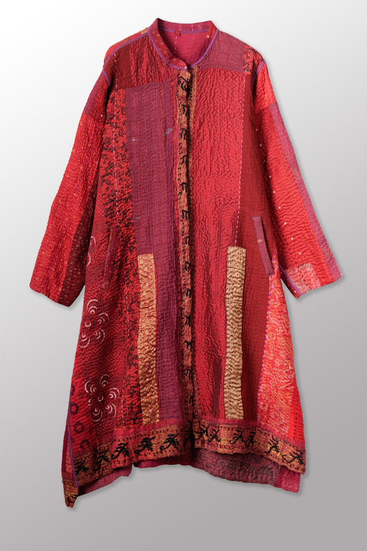 STRIPE RALLIS KANTHA KAFTAN COAT - pr4343-red -