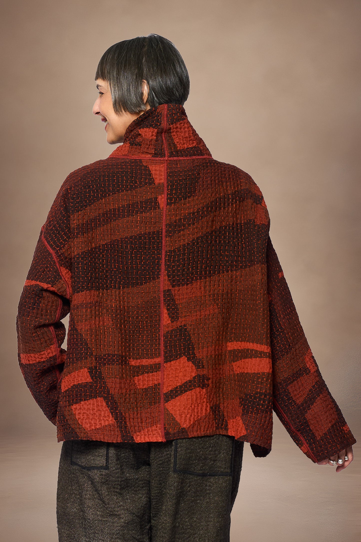 ABSTRACT WAFFLE KANTHA FUNNEL NECK PULLOVER - bw3t106-org -