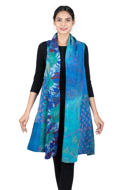 GEORGETTE VINTAGE SILK PATCH KANTHA SHAWL COLLAR VEST - gs2235-blu -