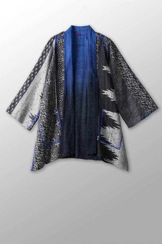 SILK COTTON OMBRE PRINT KANTHA A-LINE JKT - os2003-blk -