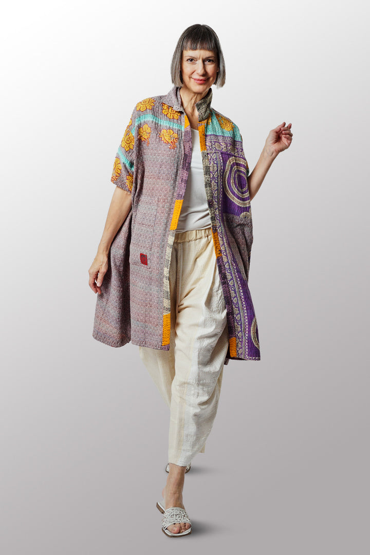 ROBE-CHEMISE MI-LONGUE VINTAGE EN COTON KANTHA - mc2429-0018a -