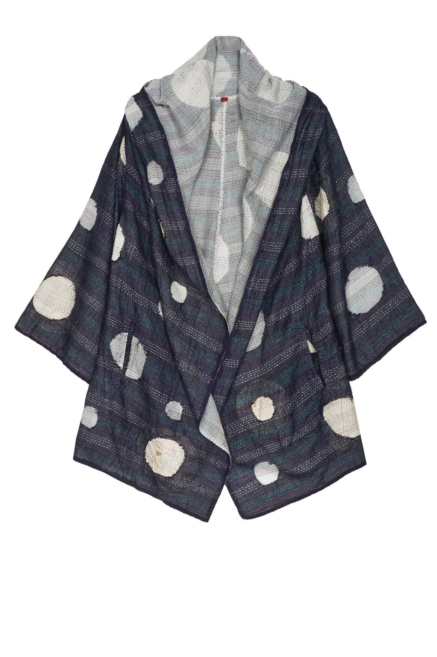 CUT THROUGH DOT AND HOLES KANTHA HOODED A-LINE JKT - cd2050-blu -