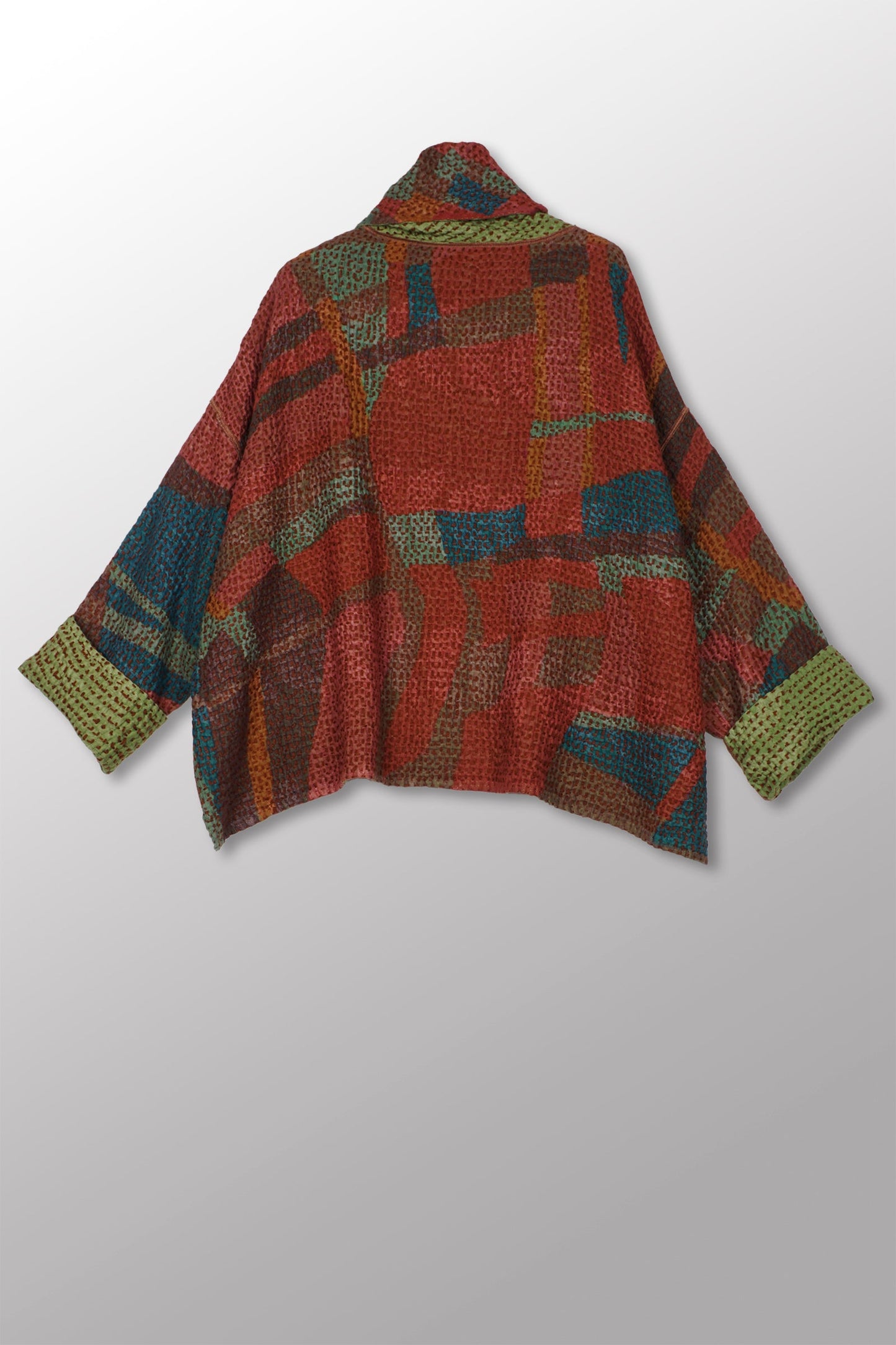 ABSTRACT WAFFLE KANTHA NEW COWL NECK PONCHO - bw3083-red -