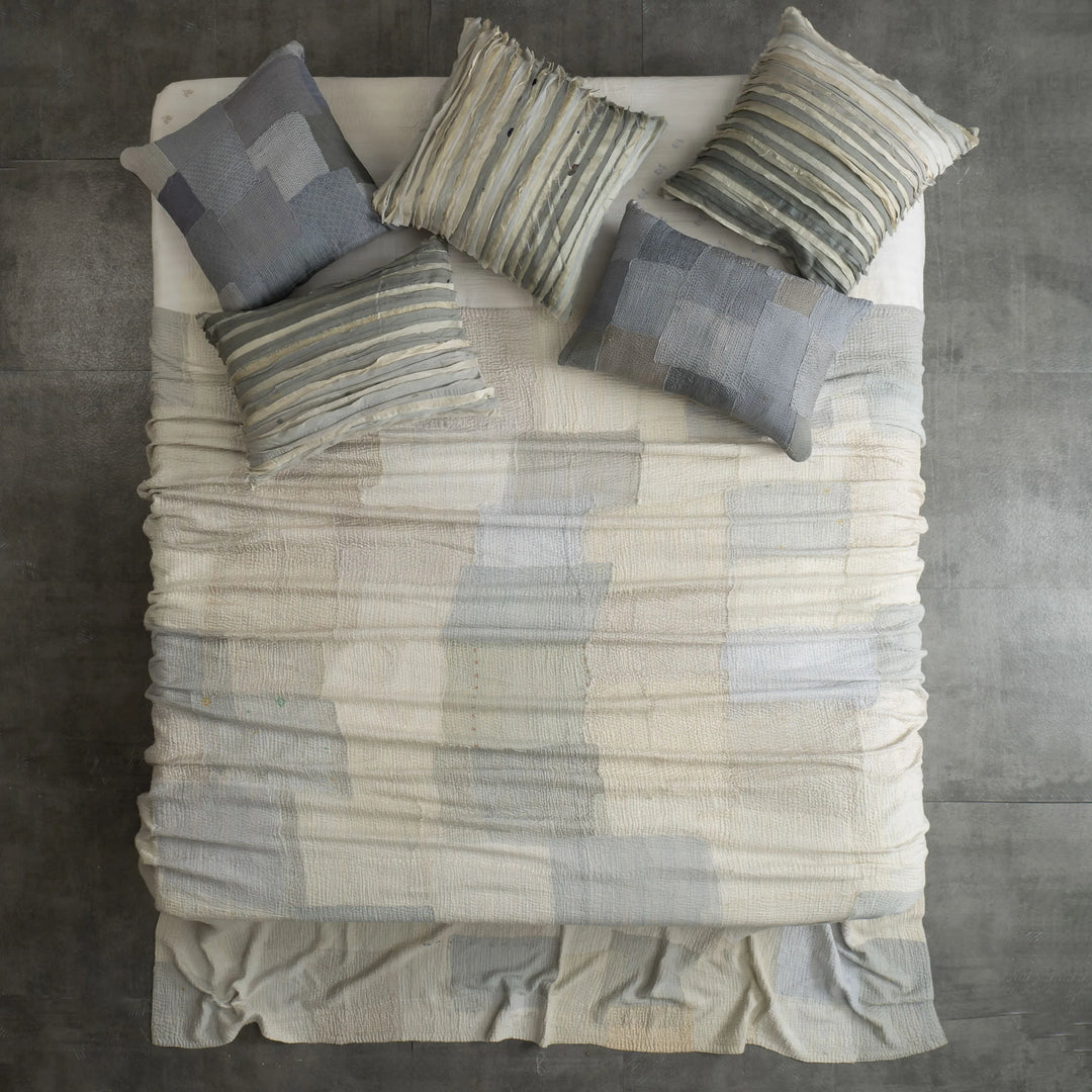 Grey Mist Fray Patch Kantha Quilts
