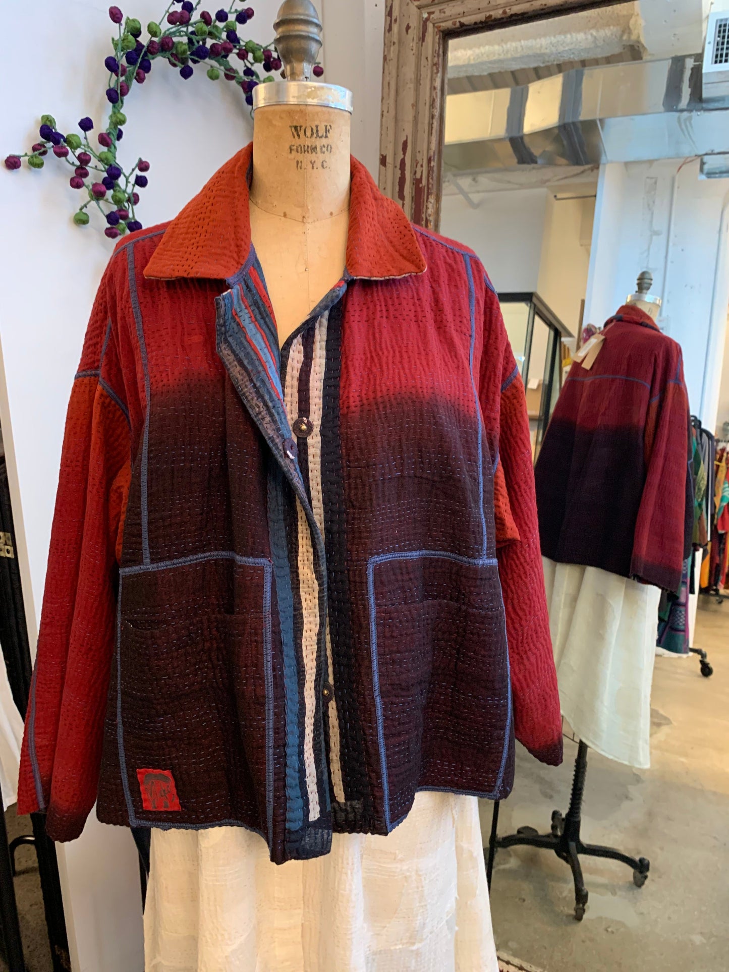 STRIPE AND BENDS KANTHA CROPPED SHIRT JACKET - sb4075-red -