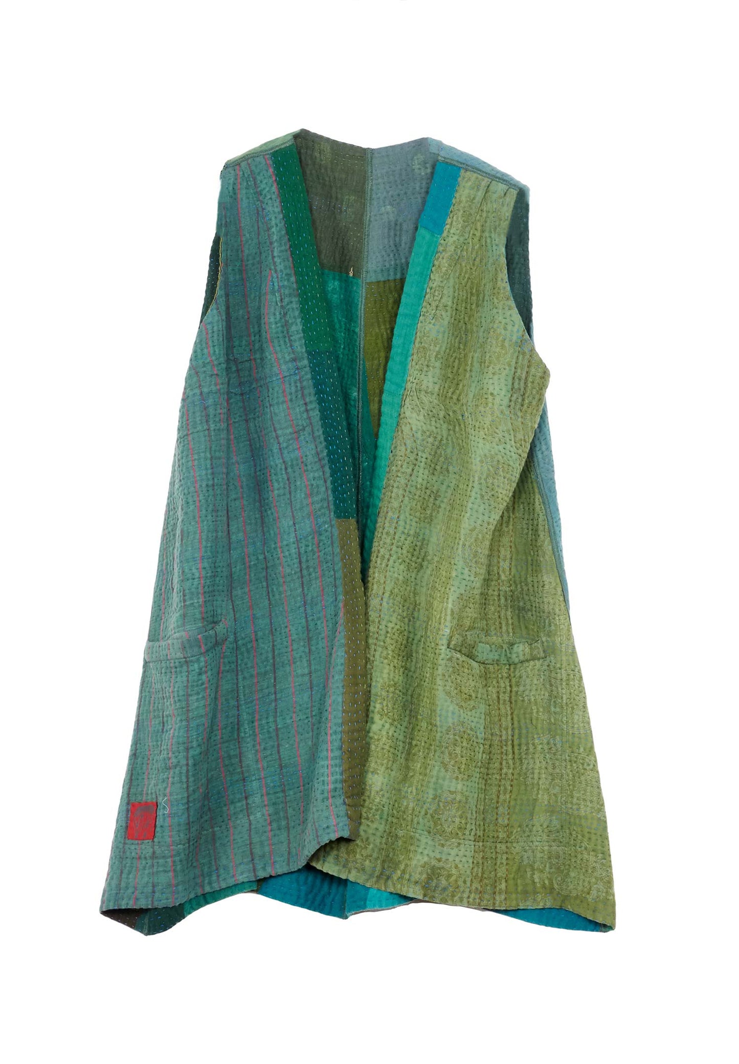 OMBRE PATCHED KANTHA BELL SHAPE LONG VEST - op4225-grn -