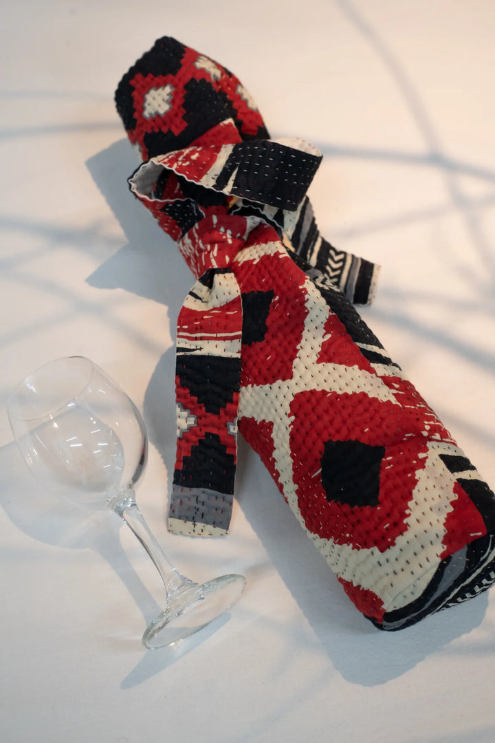 Monotone Ikat Handmade Vintage Kantha Wine Bag -Monotone Red