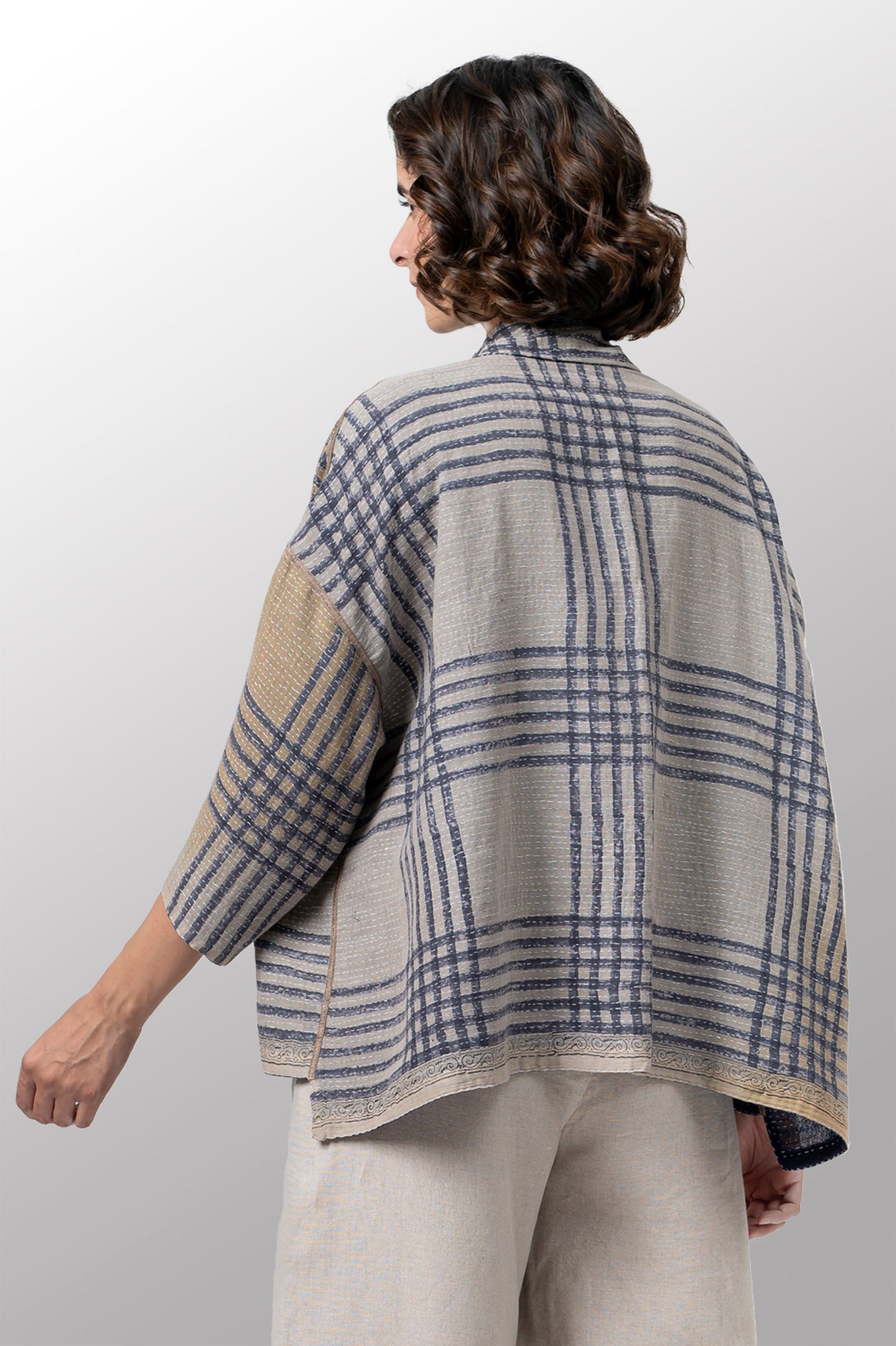 INDONESIAN PRINT VINTAGE INDIGO BACKING KANTHA CROPPED TENT SHIRT - bi2596-blu -