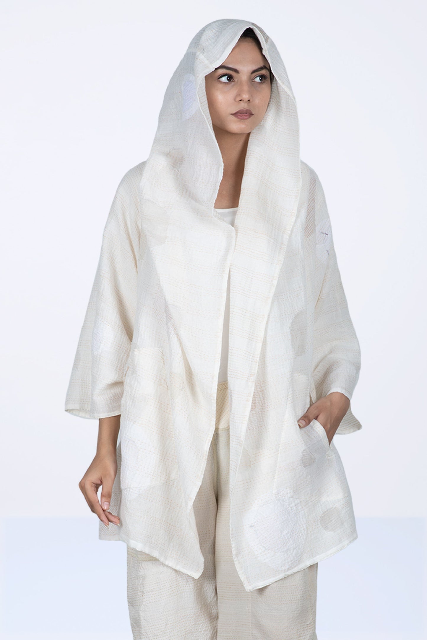 CUT THROUGH DOT AND HOLES KANTHA HOODED A-LINE JKT - cd2050-ivy -