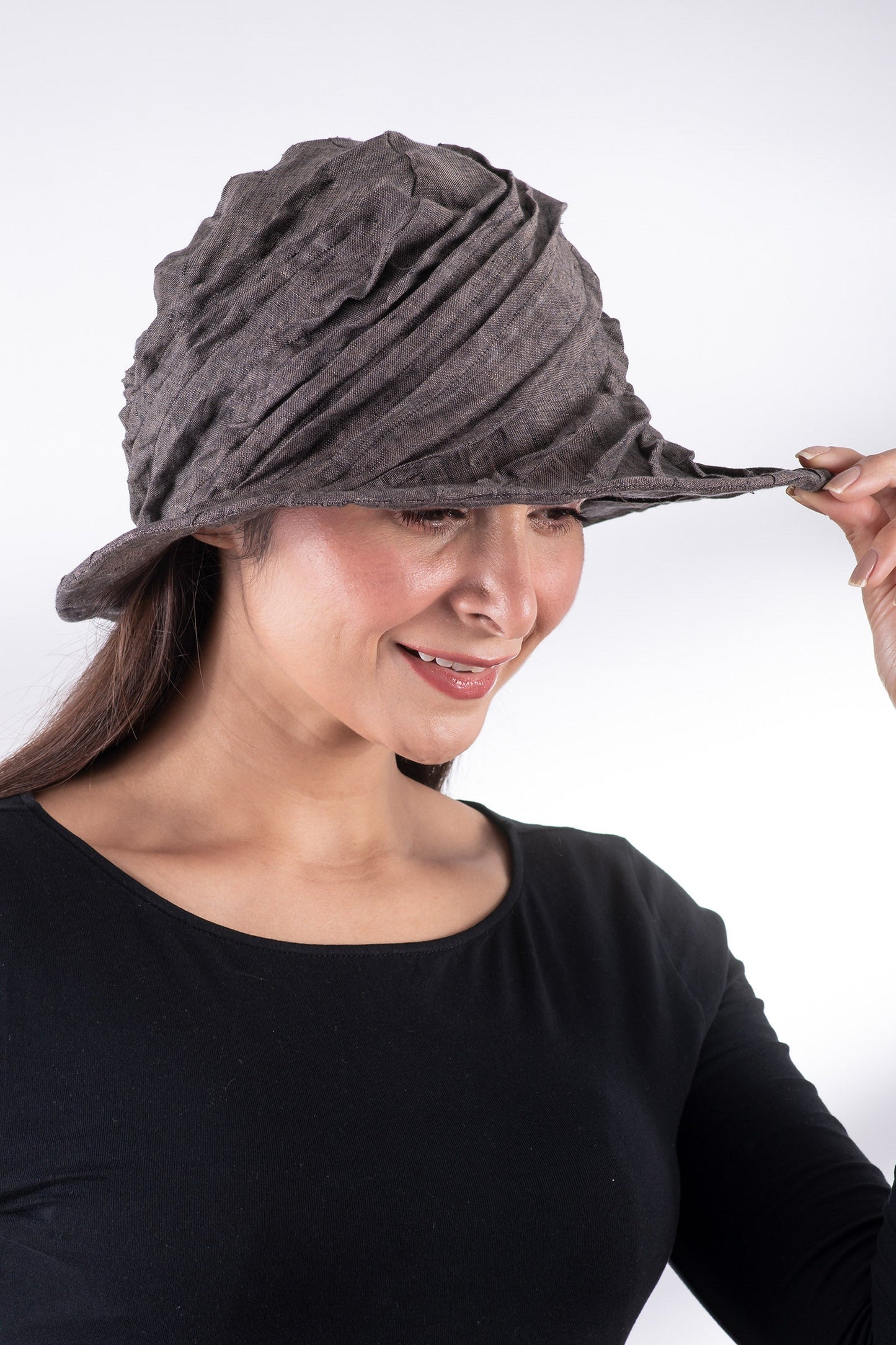 LINEN TWIST TUCKED BRIM HAT - ln1886-brn -