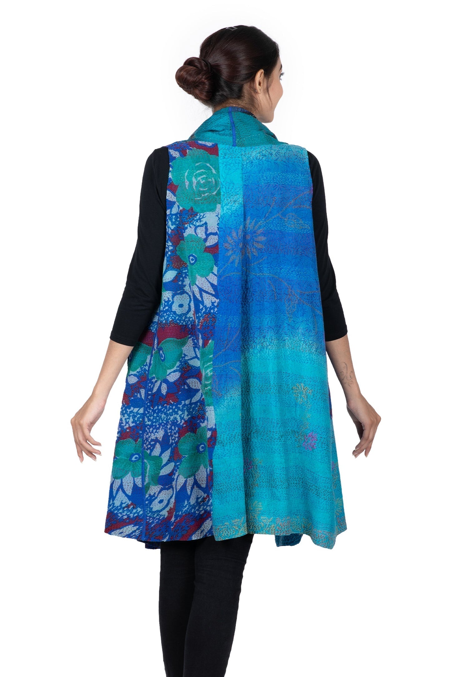 GEORGETTE VINTAGE SILK PATCH KANTHA SHAWL COLLAR VEST - gs2235-blu -