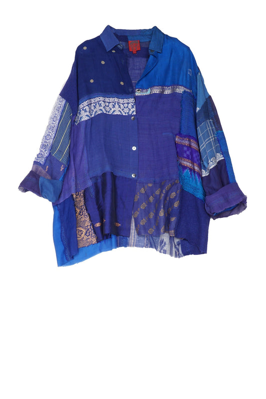 MOSAIC TILE PATCH KANTHA CAMP SHIRT - mt1525-blu -