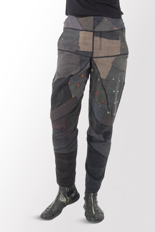 FRAYED PATCH KANTHA SHAPED YAMAHA PANTS - fi4638-blk -