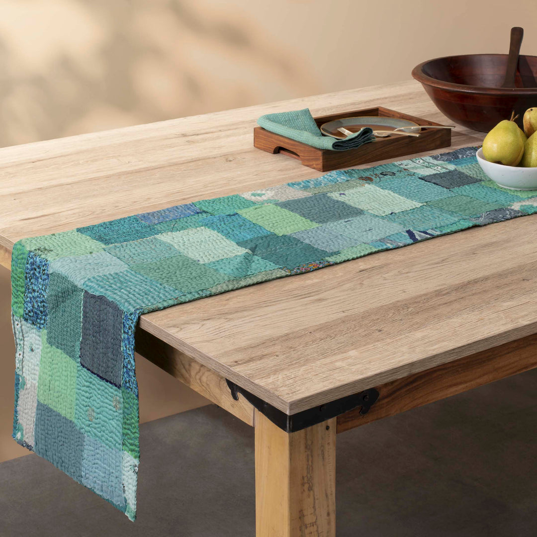 Printed Fray  patch  Kantha  Table Runner- Sage