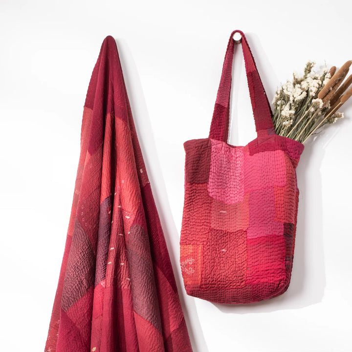 Landscape Handmade Vintage Kantha Tote Bag -Red