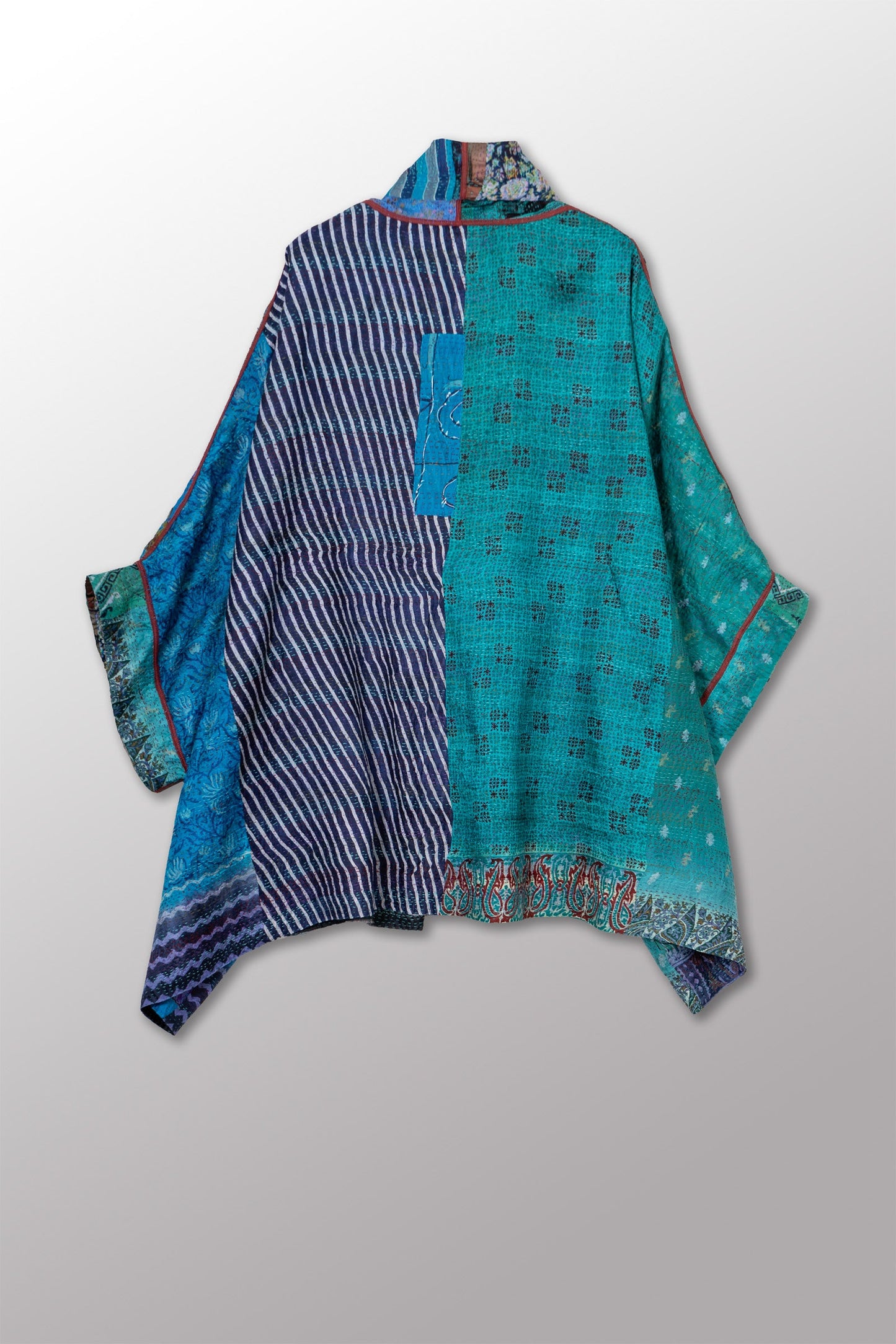 VINTAGE SILK KANTHA DOUBLE COLLAR PONCHO - sv2323-0017a -