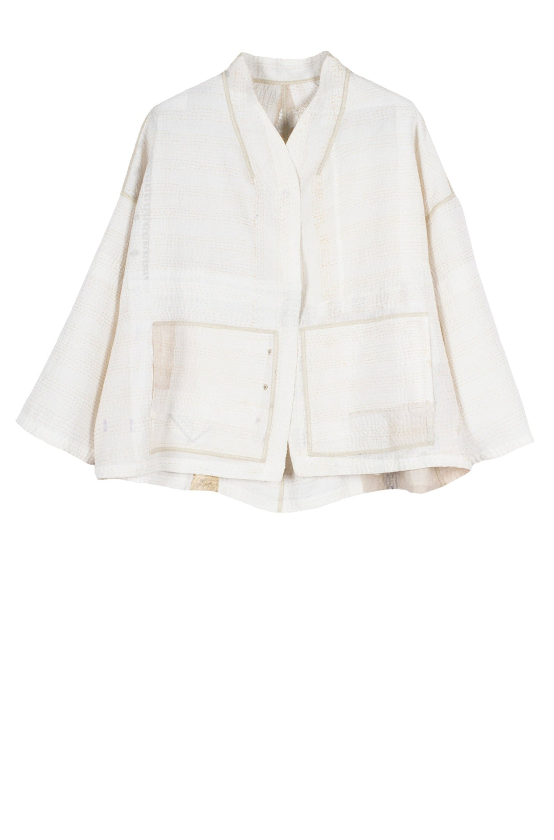 FRAYED PATCH KANTHA STAND COLLAR CROPPED JKT