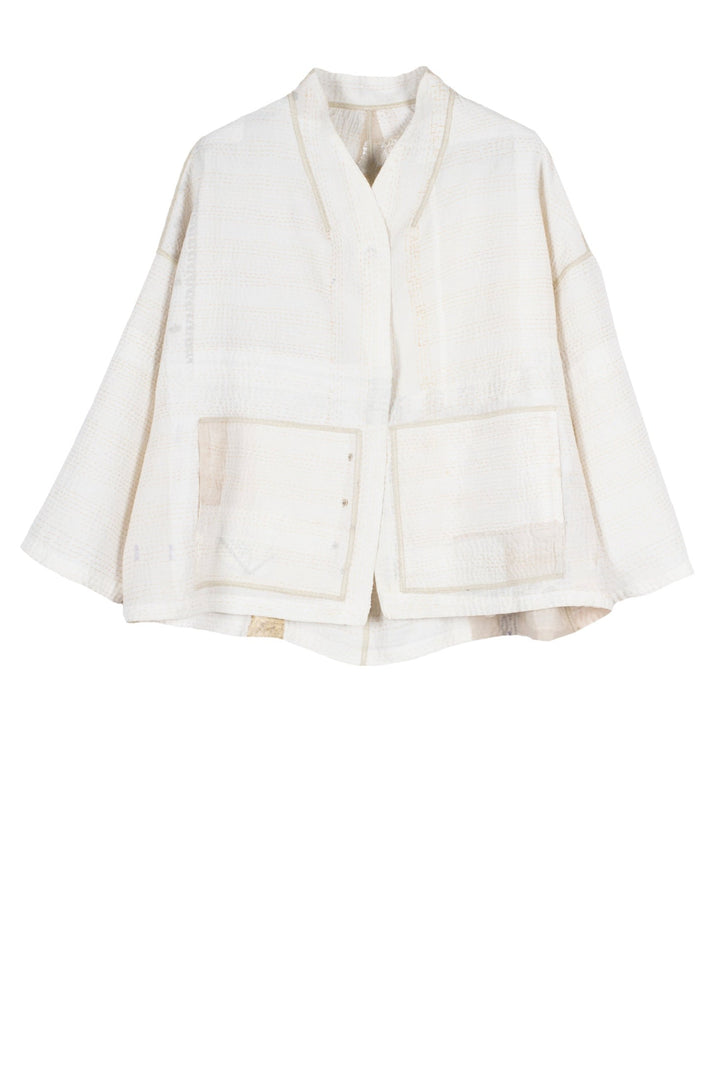 FRAYED PATCH KANTHA STAND COLLAR CROPPED JKT