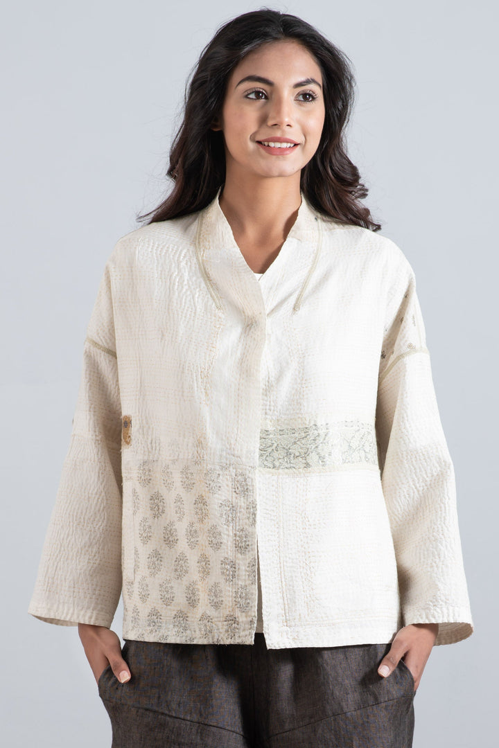 FRAYED PATCH KANTHA STAND COLLAR CROPPED JKT