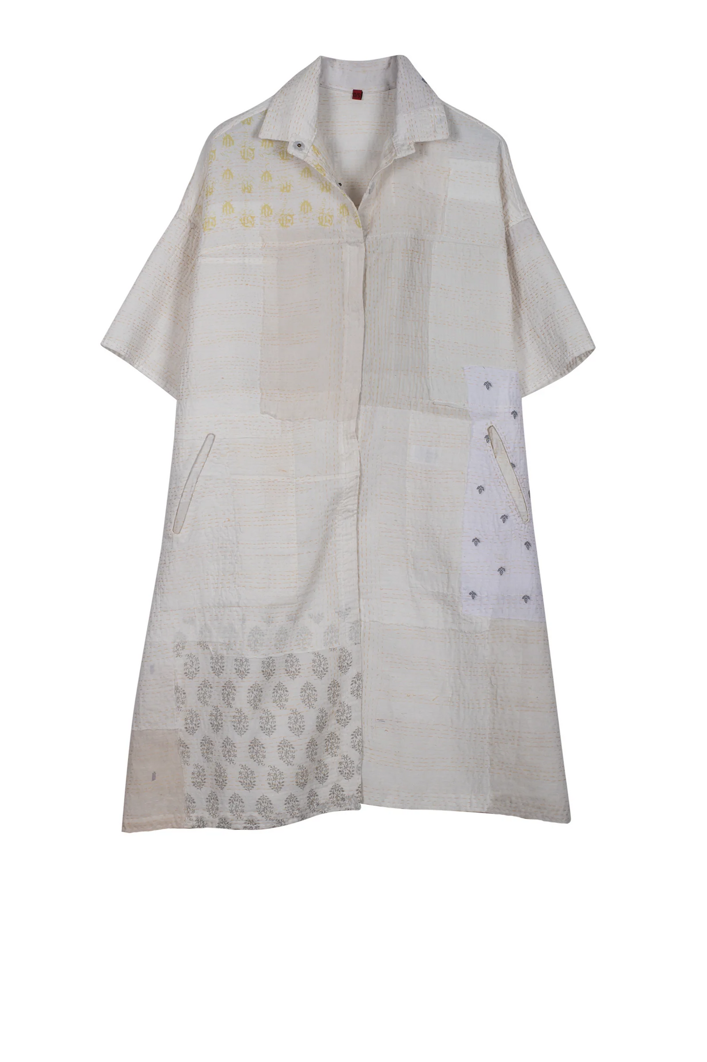 FRAYED PATCH KANTHA HALF SLV. SHIRT DRESS - fi2429-ivy -