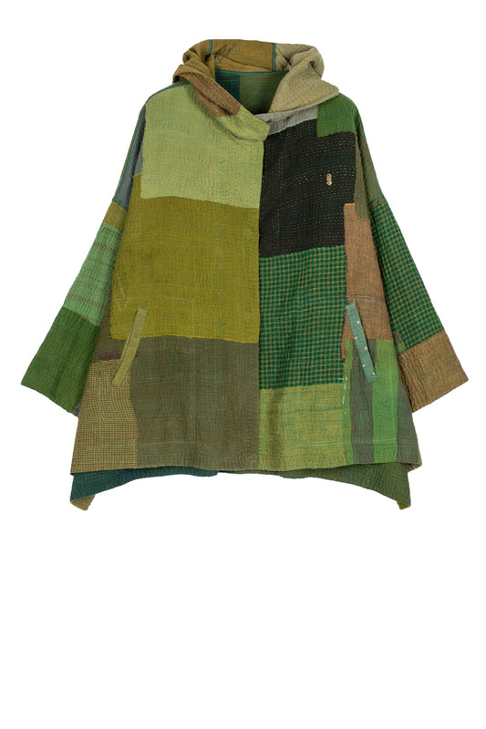 FRAYED PATCH MIX KANTHA HOODIE PONCHO - fm4064-grn -