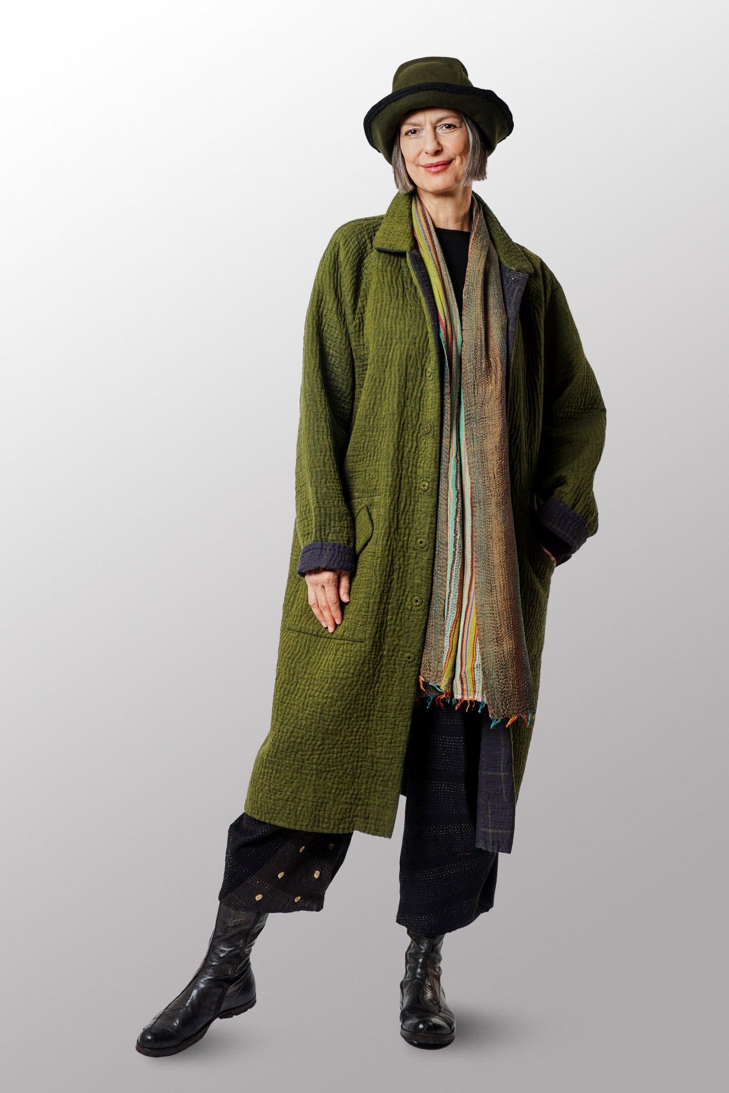 QUILTED VINTAGE COTTON WITH FLANNEL KANTHA RAGLAN SLEEVE COAT - fq5337-grn -