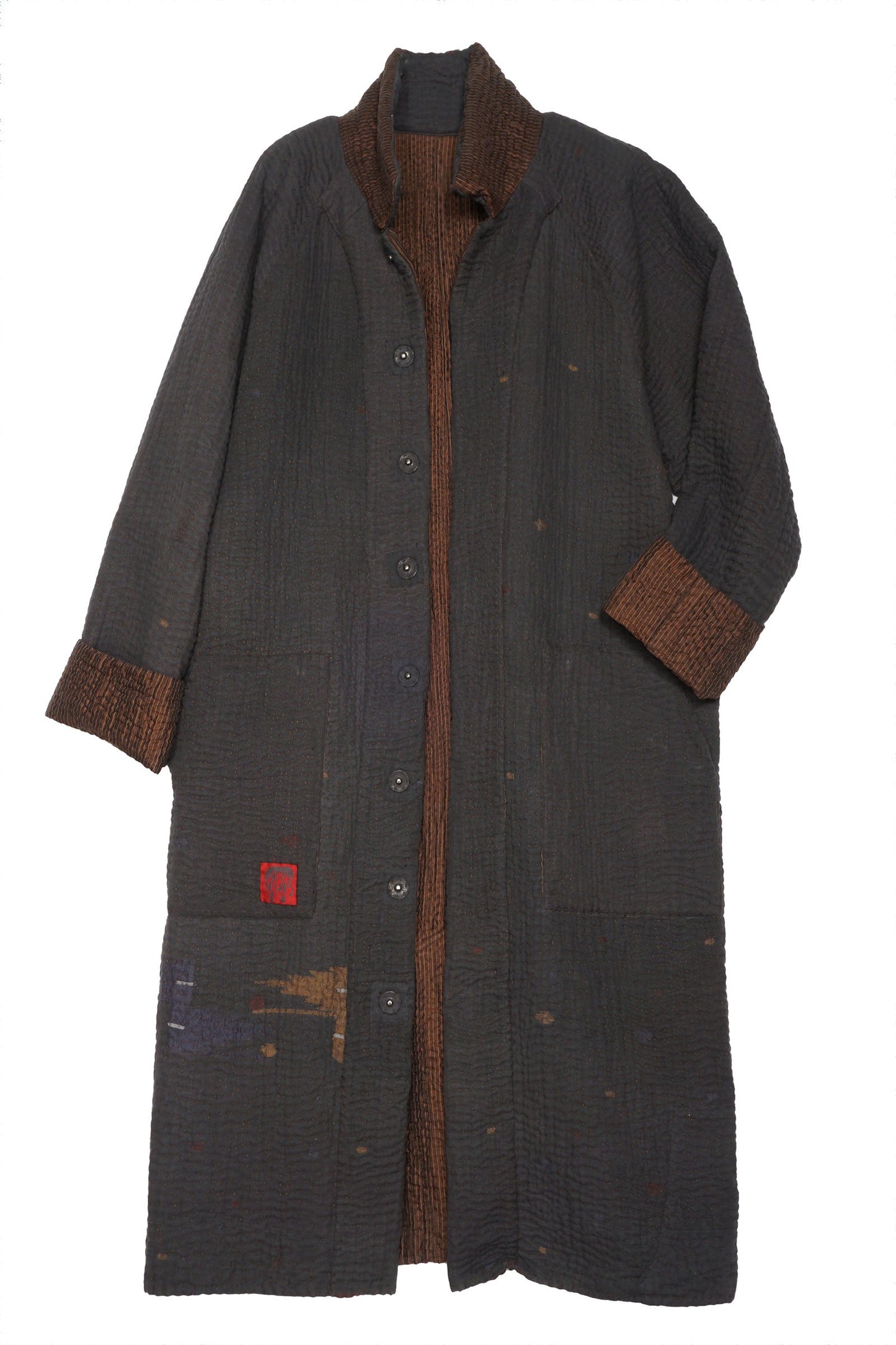 QUILTED VINTAGE COTTON WITH FLANNEL KANTHA RAGLAN SLEEVE COAT - fq5337-brn -