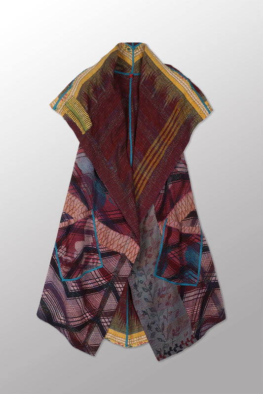 VINTAGE SILK GEORGETTE COTTON KANTHA CIRCULAR VEST - gc2201-9017a -