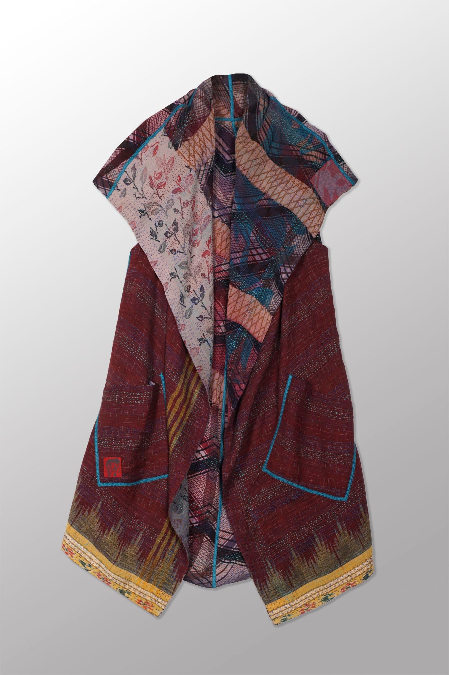 VINTAGE SILK GEORGETTE COTTON KANTHA CIRCULAR VEST - gc2201-9017a -