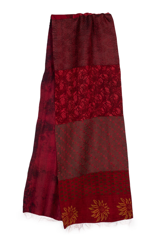 GEORGETTE JACQUARD VINTAGE SILK PATCH KANTHA SCARF SHORT - gj2805-red -